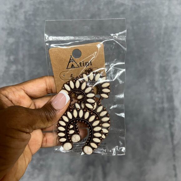 Squash Blossom Dangle Earrings Bronze/White, NWT - Picture 2 of 6